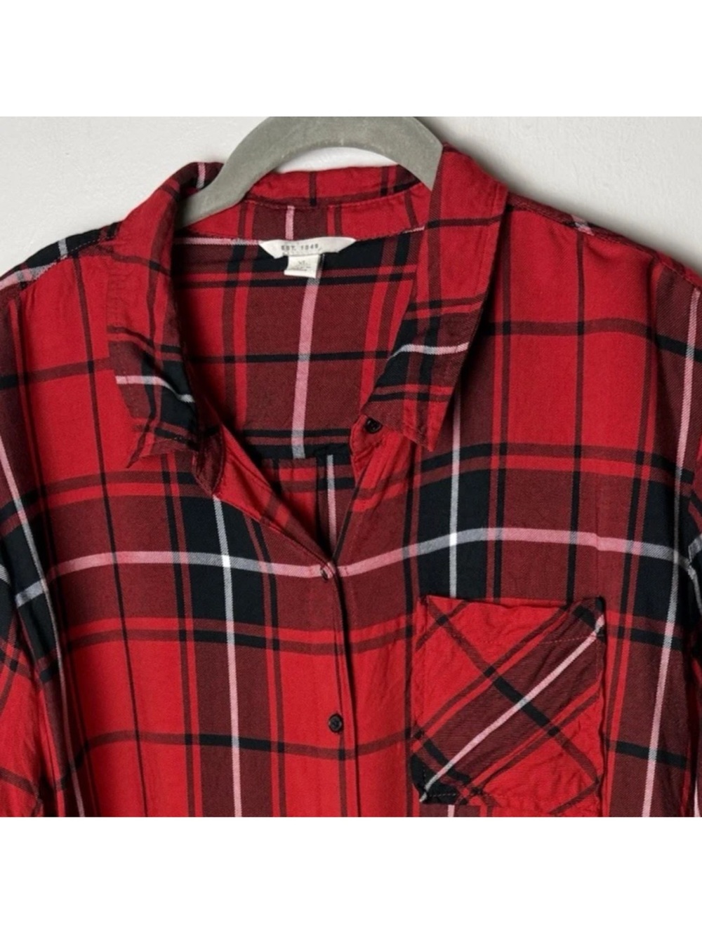 Cato Est. 1946 Shirt Size XL Top 3/4 Roll-Tab Sleeves Plaid Red Black White - Picture 3 of 6